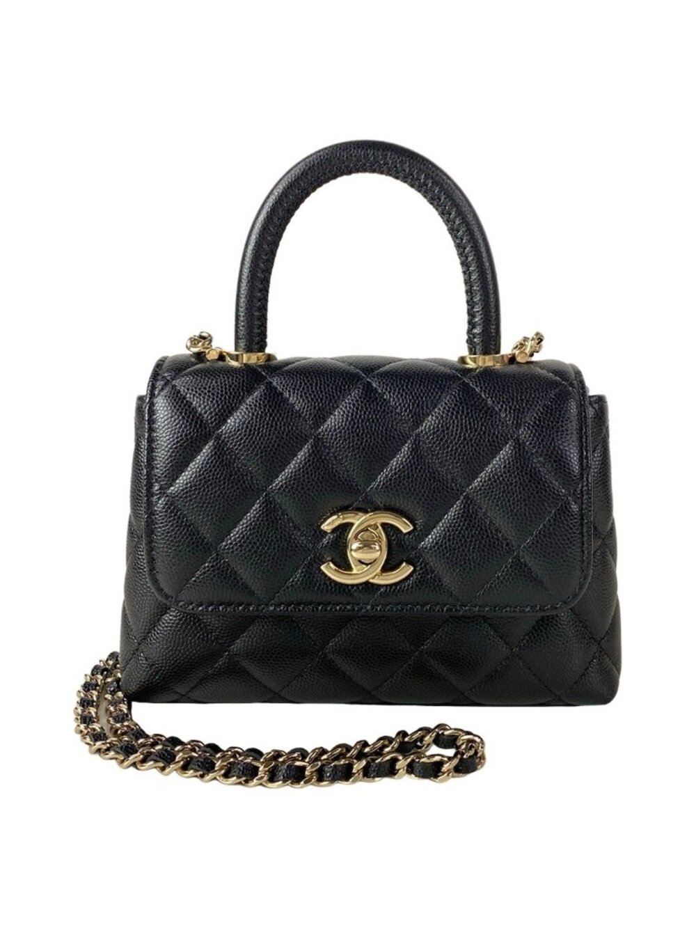 Chanel Shoulder Bag Coco Handle Quilted Mini Black Chain Gold 2-Way